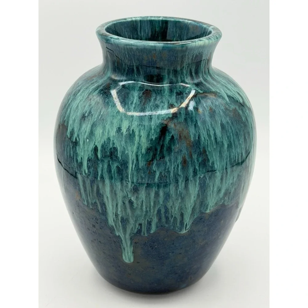 Vintage Studio Pottery Drip Glaze Vase Blue Green ~6
